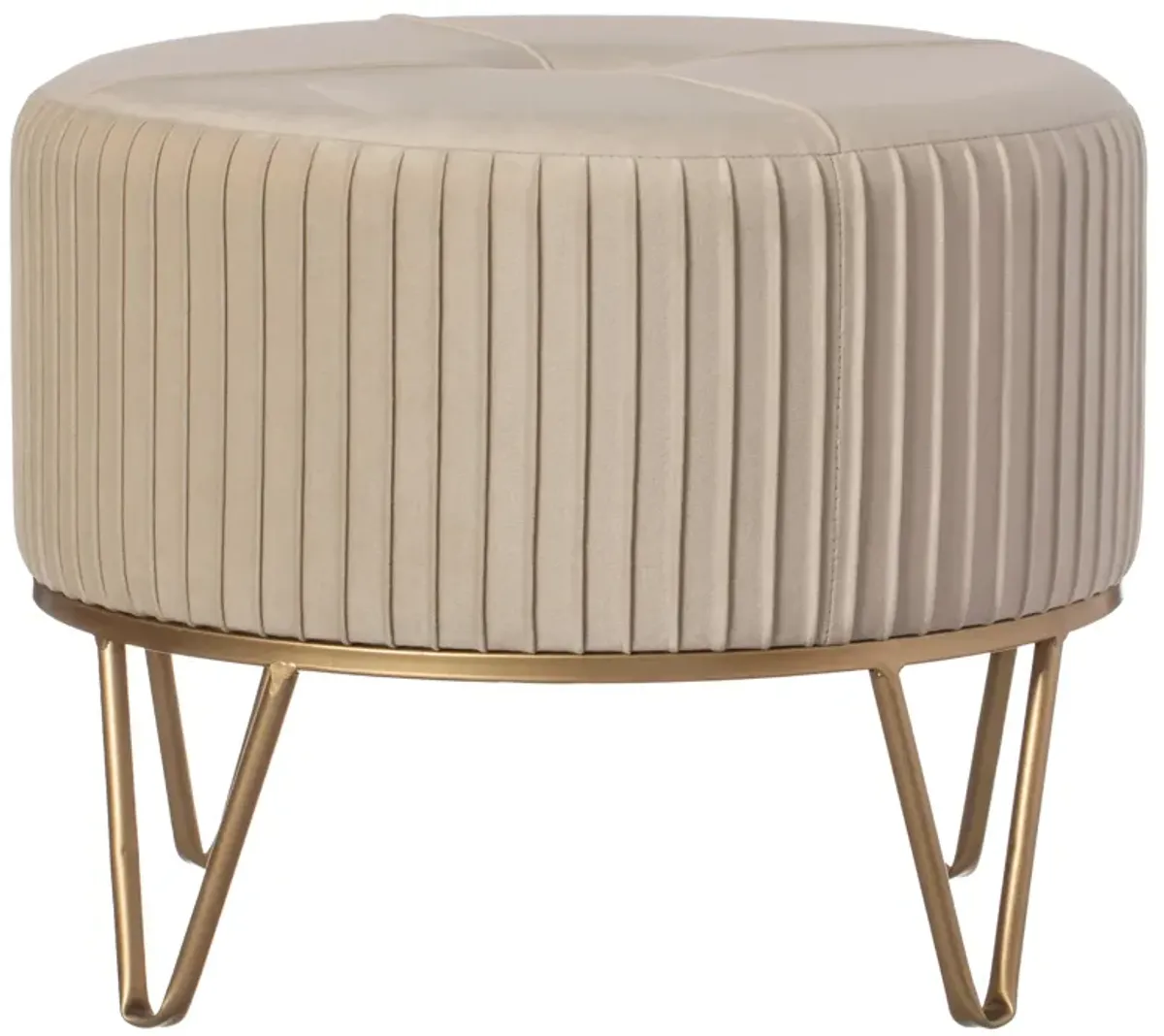 Round Velvet Ottoman Stool Raised with Hairpin Gold Base, Cream, Medium