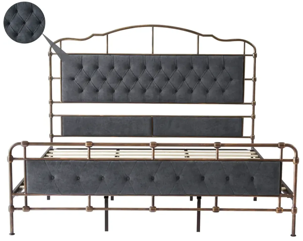 King Size High Boad Metal Bed With Soft Head And Tail, No Spring, Easy To Assemble, No Noise