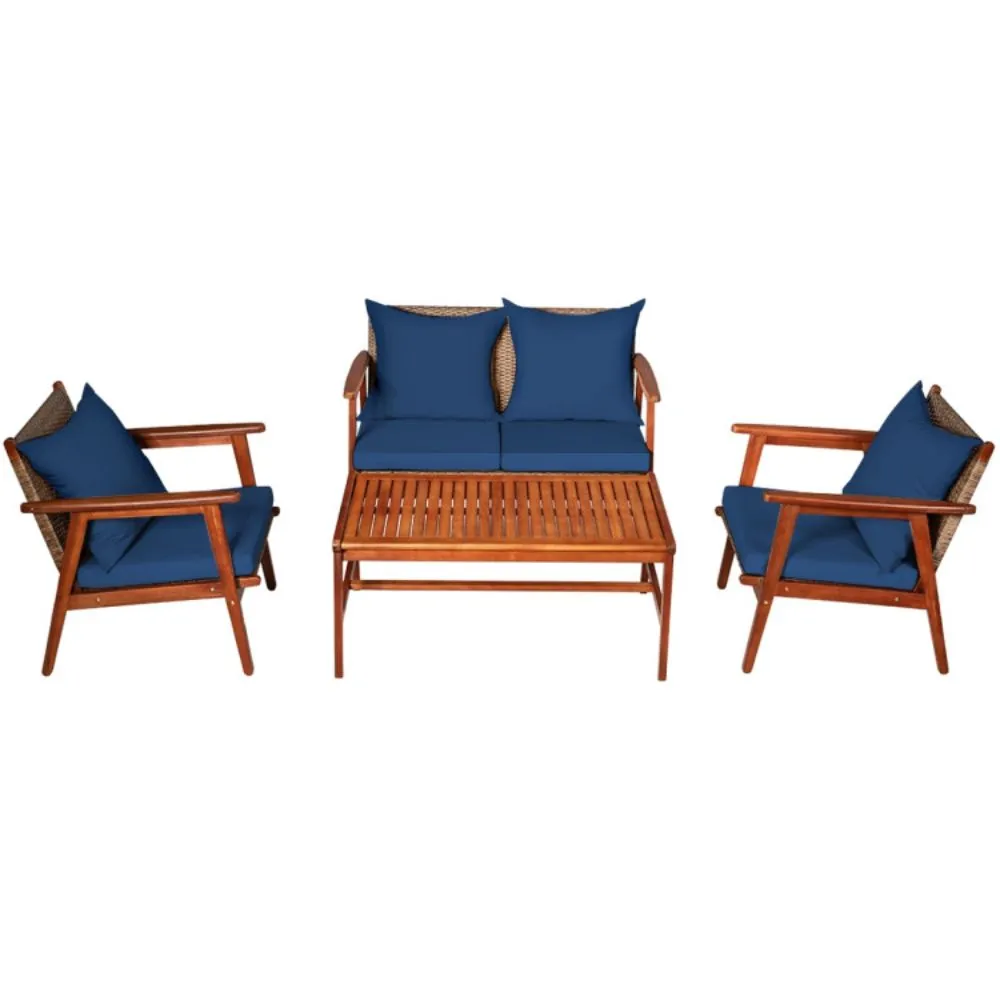 Hivvago 4 Piece Acacia Wood Patio Rattan Furniture Set