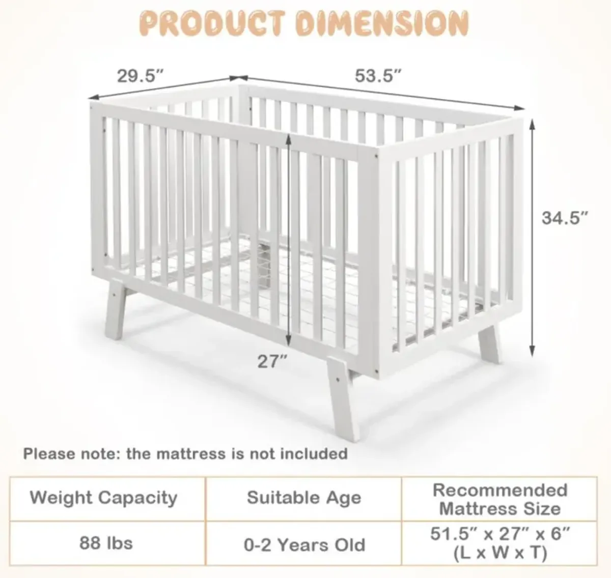 Hivvago Rubber Wood Baby Crib with Adjustable Mattress Heights and Guardrails-White