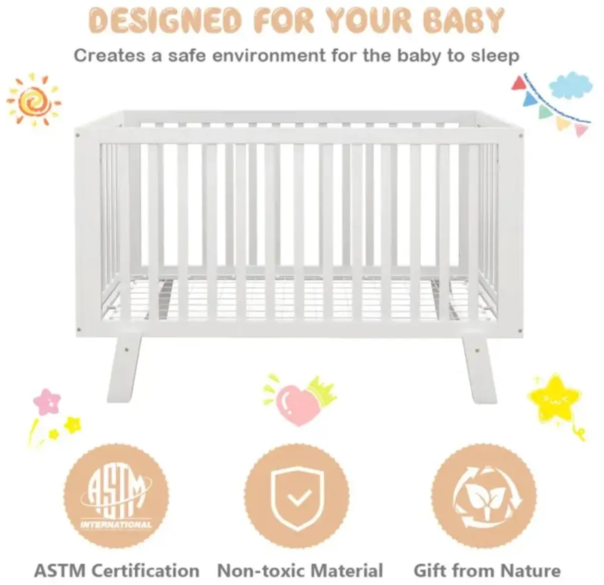 Hivvago Rubber Wood Baby Crib with Adjustable Mattress Heights and Guardrails-White