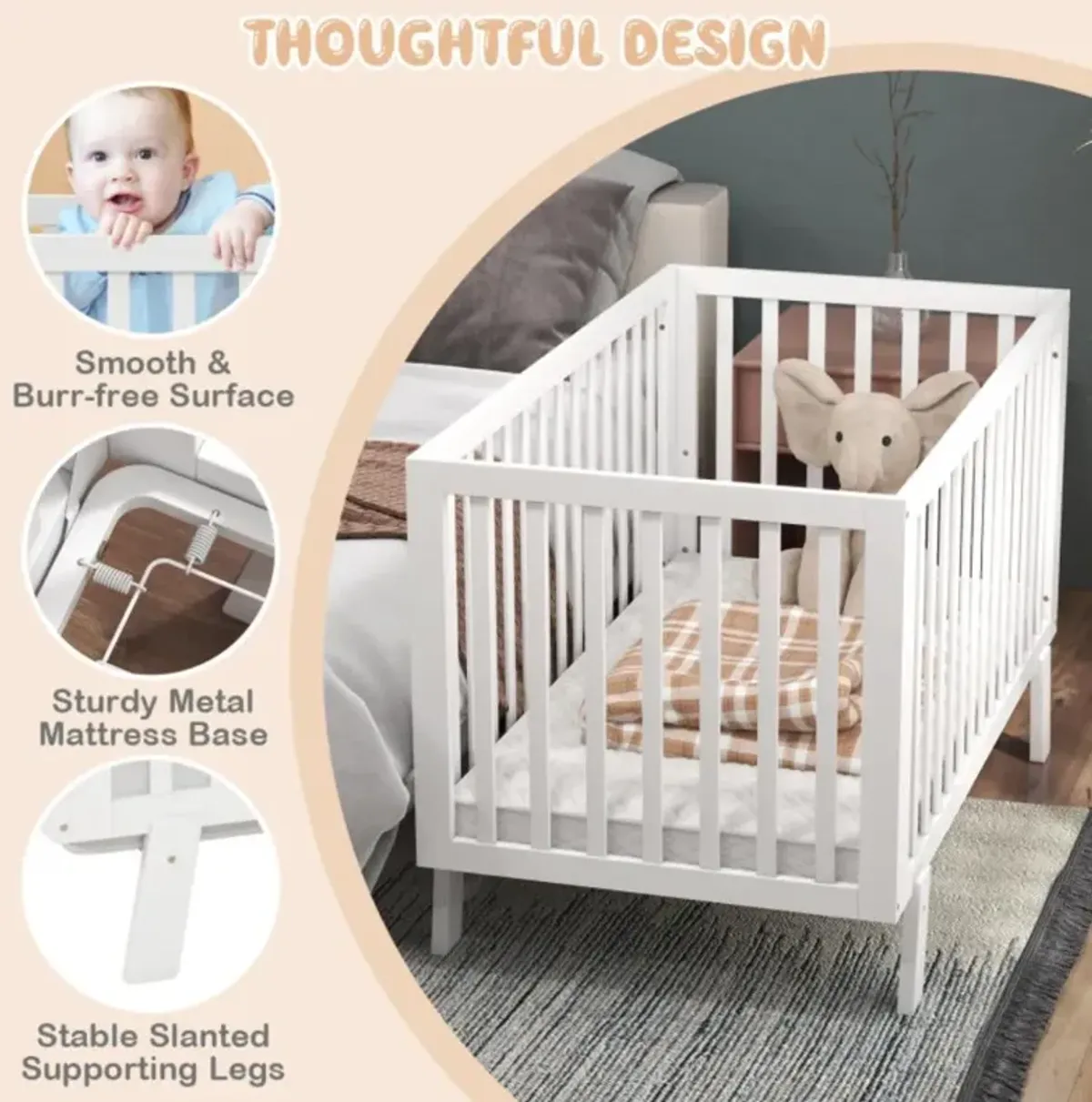 Hivvago Rubber Wood Baby Crib with Adjustable Mattress Heights and Guardrails-White