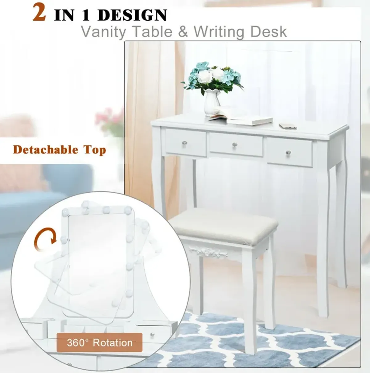 10 Dimmable Light Bulbs Vanity Dressing Table with 2 Dividers and Cushioned Stool