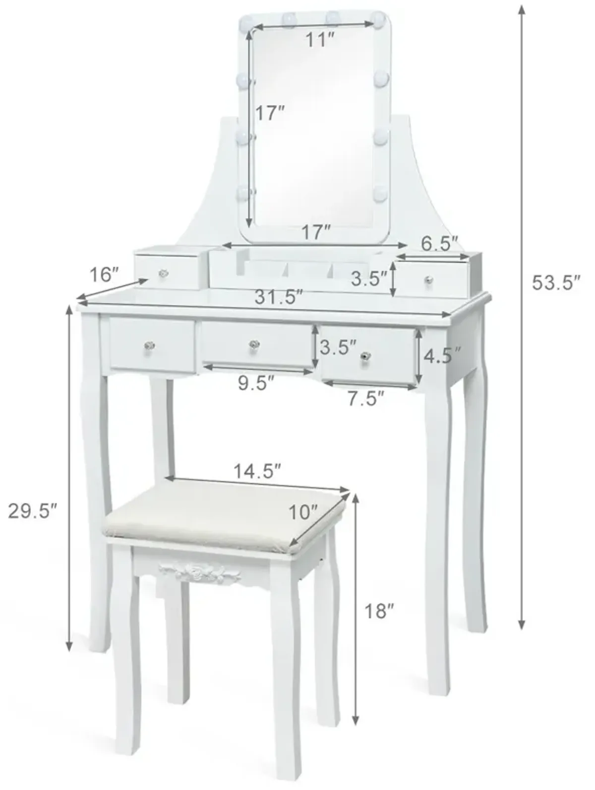 10 Dimmable Light Bulbs Vanity Dressing Table with 2 Dividers and Cushioned Stool