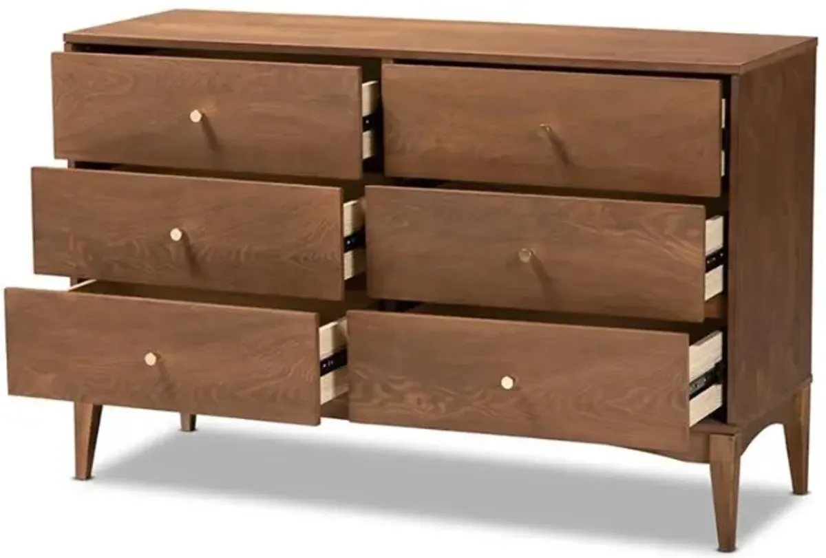 Landis Mid-Century Modern Ash Walnut Finished Wood 6-Drawer Dresser