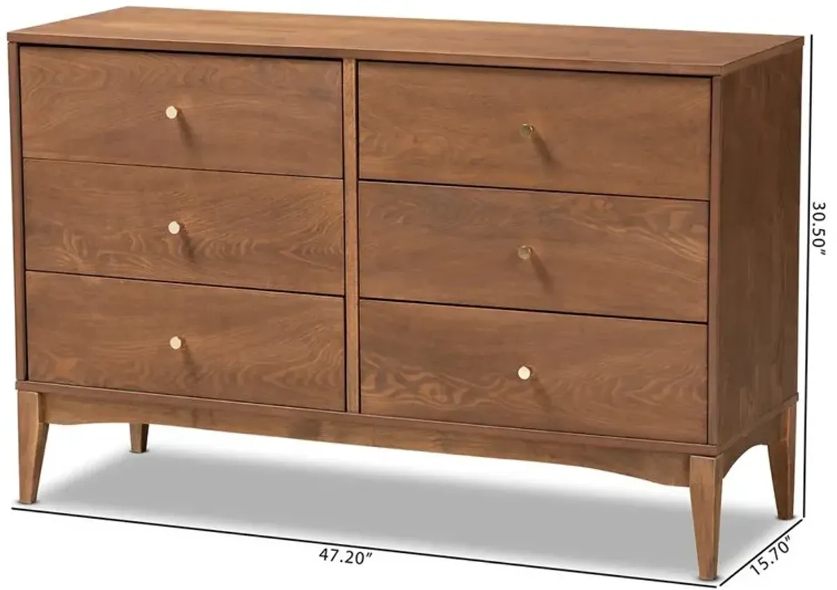 Landis Mid-Century Modern Ash Walnut Finished Wood 6-Drawer Dresser