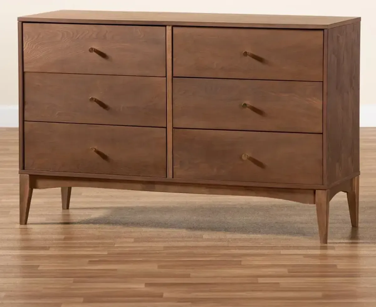 Landis Mid-Century Modern Ash Walnut Finished Wood 6-Drawer Dresser