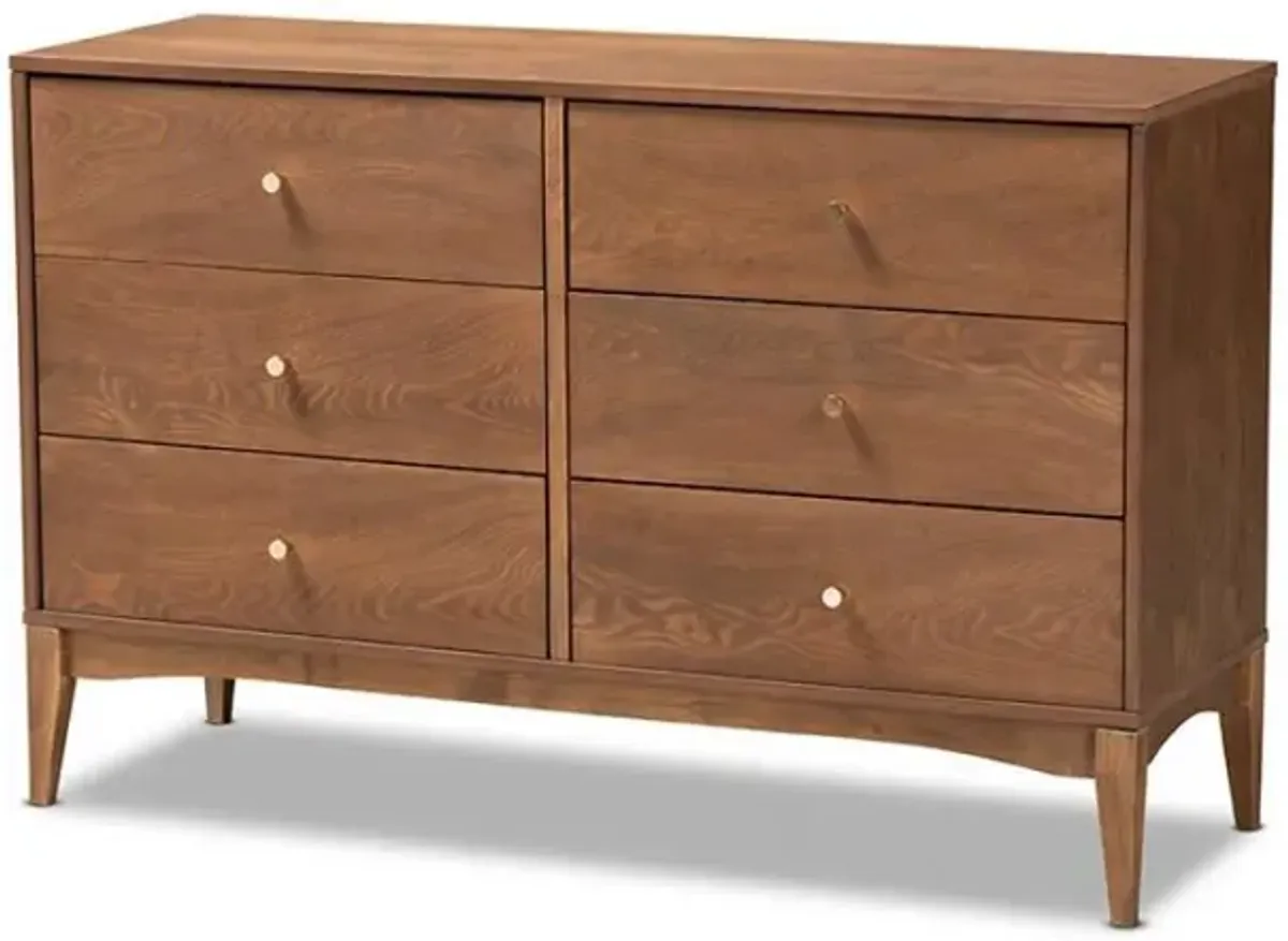 Landis Mid-Century Modern Ash Walnut Finished Wood 6-Drawer Dresser