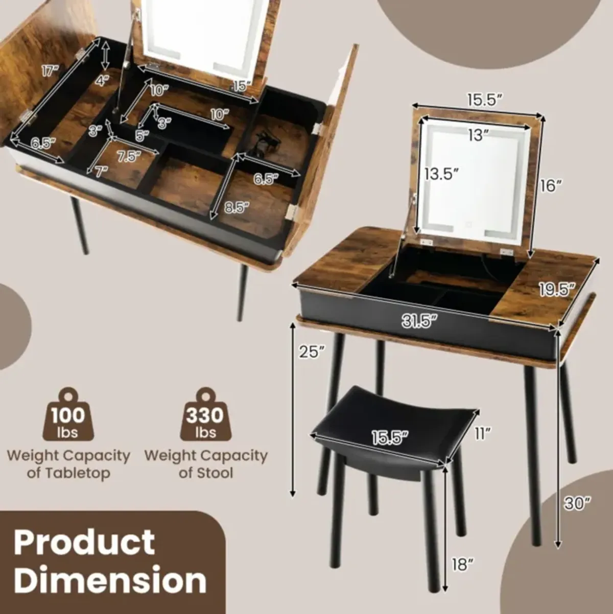 Hivvago Vanity Table Set with Flip Top Mirror Lights USB Writing Desk and Stool-Brown