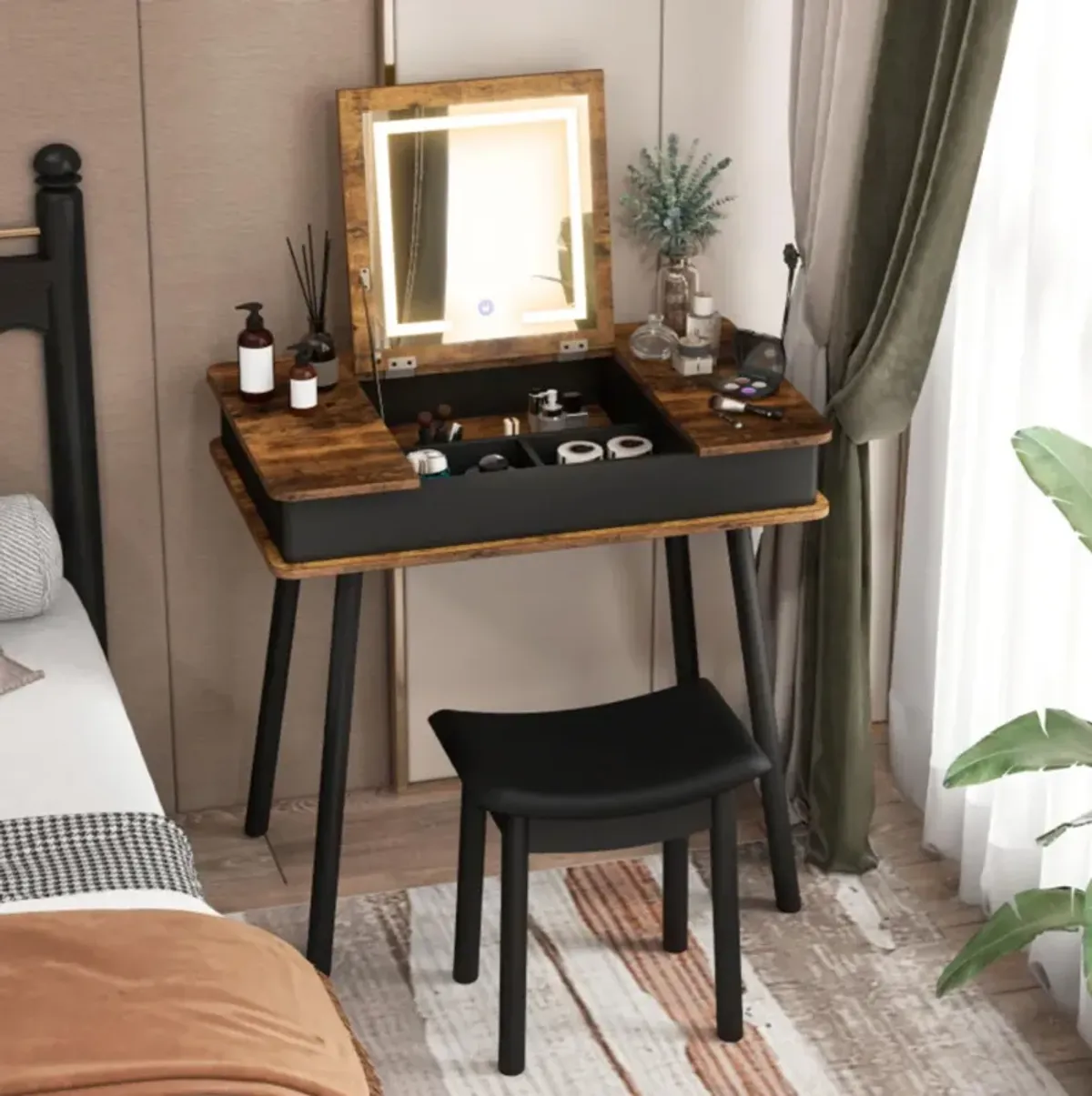 Hivvago Vanity Table Set with Flip Top Mirror Lights USB Writing Desk and Stool-Brown