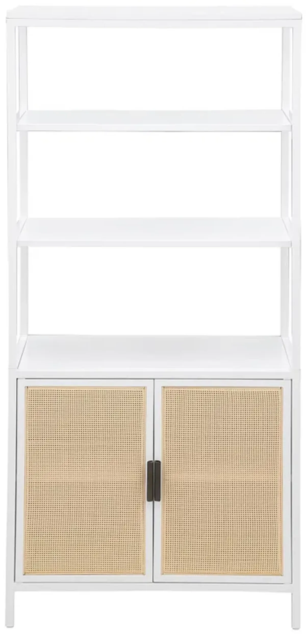 Lanie Tall Accent Cabinet, 3 Shelves 2 Doors, PE Cane, White Metal - Benzara