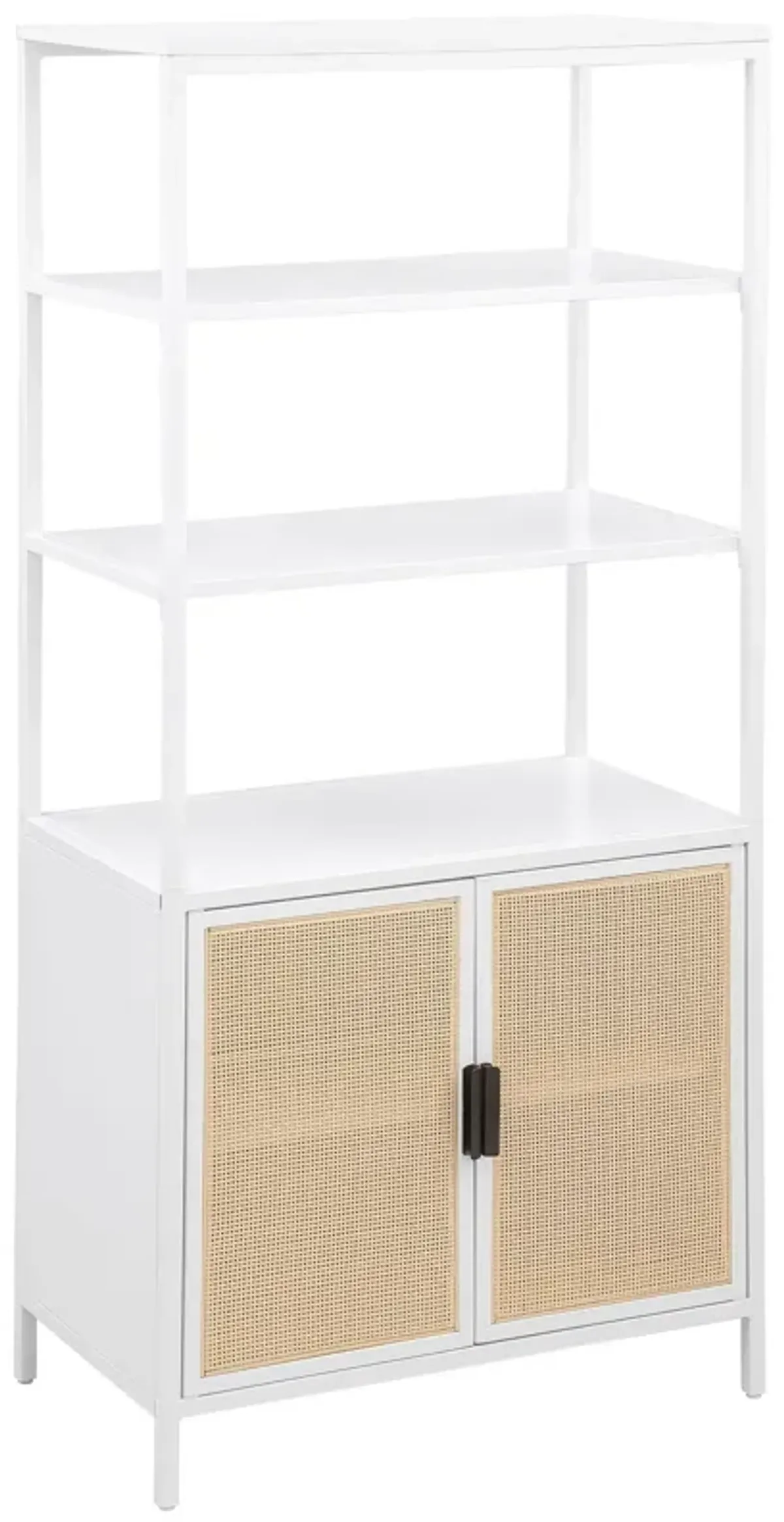 Lanie Tall Accent Cabinet, 3 Shelves 2 Doors, PE Cane, White Metal - Benzara