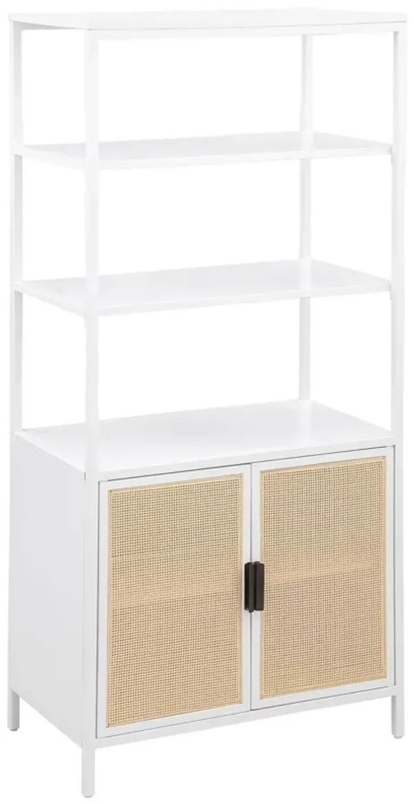 Lanie Tall Accent Cabinet, 3 Shelves 2 Doors, PE Cane, White Metal - Benzara