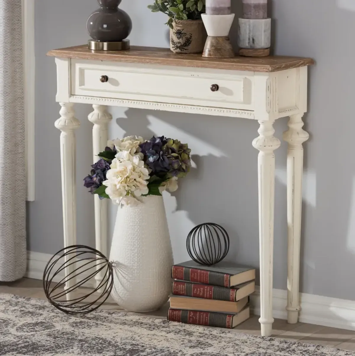 Baxton Studio Marquetterie Oak And White Wash Distressed Finish Wood Two Tone Console Table