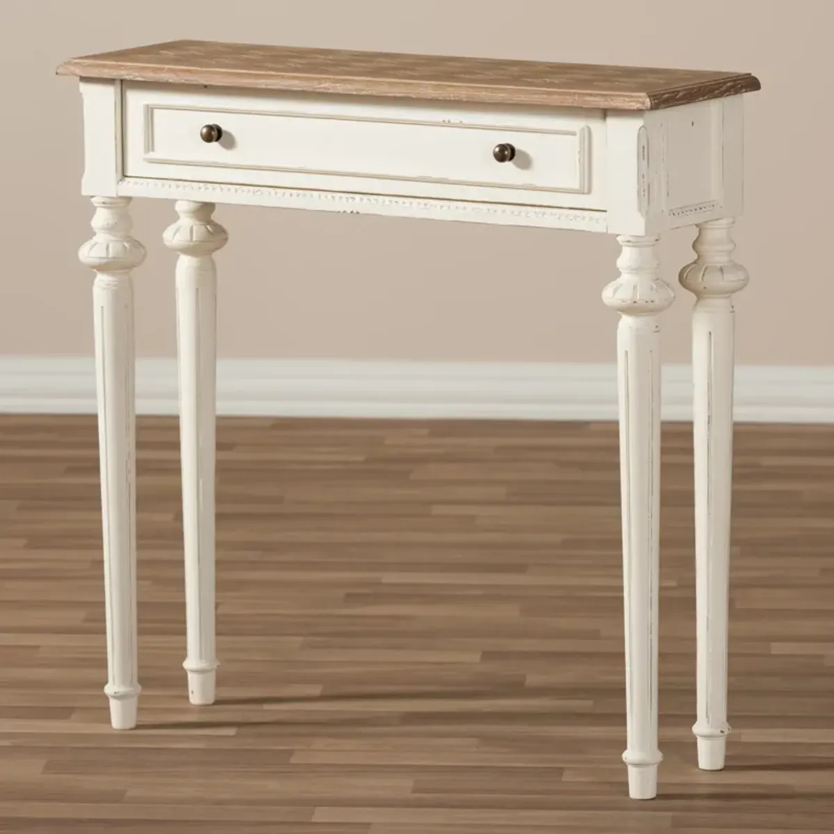 Baxton Studio Marquetterie Oak And White Wash Distressed Finish Wood Two Tone Console Table