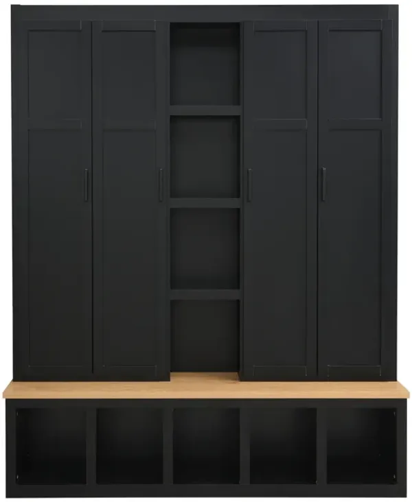 Merax Farmhouse 4-in-1 Hall Tree 6 Hanging Hooks, Wood Grain Bench | Shoe Cabinet with Open Storage