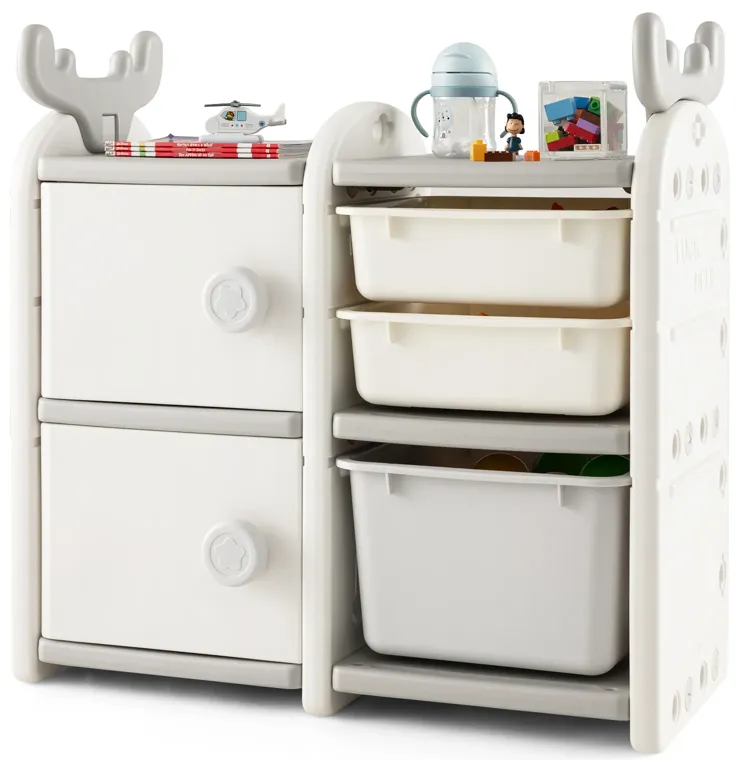 Toy Chest and Bookshelf for Toddlers with Enclosed Cabinets and Pull-out Drawers