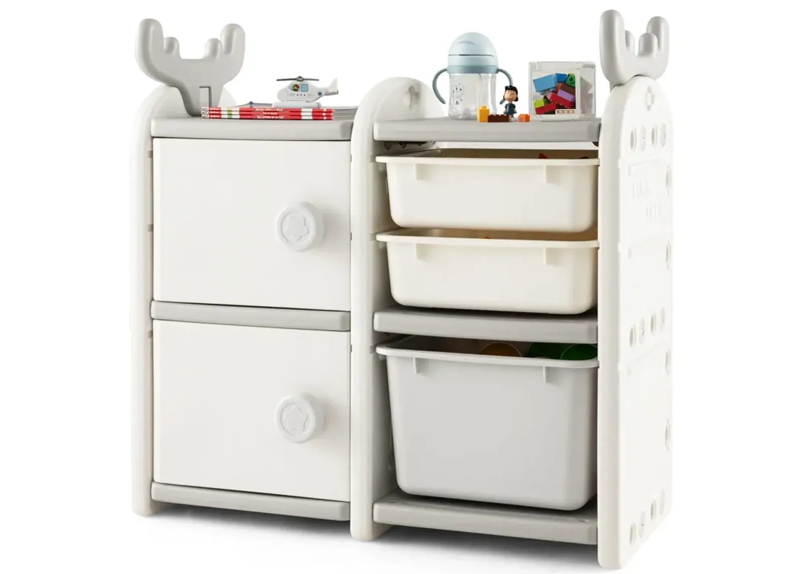 Toy Chest and Bookshelf for Toddlers with Enclosed Cabinets and Pull-out Drawers