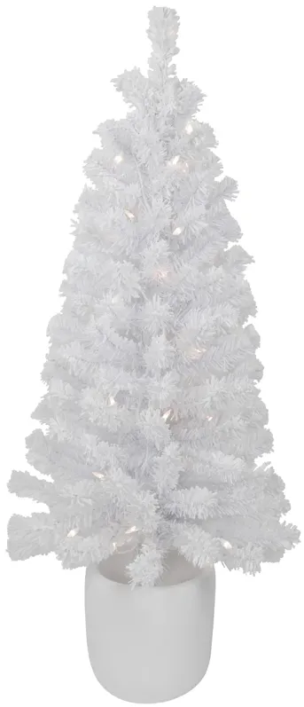 3.5' Pre-Lit Potted Flocked Winter Pine White Tinsel Artificial Christmas Tree  Clear Lights