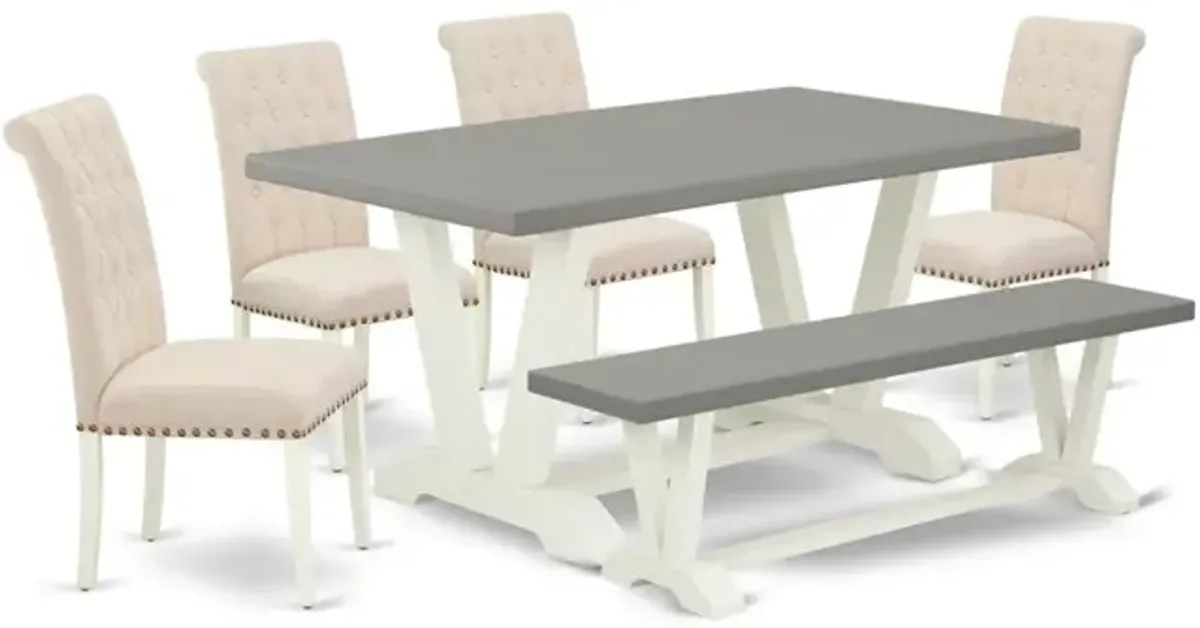 East West Furniture V096BR202-6 6-Piece Awesome kitchen table set an Outstanding Cement Color Modern Dining Table Top and Cement Color Dining Room Bench and 4 Wonderful Linen Fabric Kitchen Chairs wit