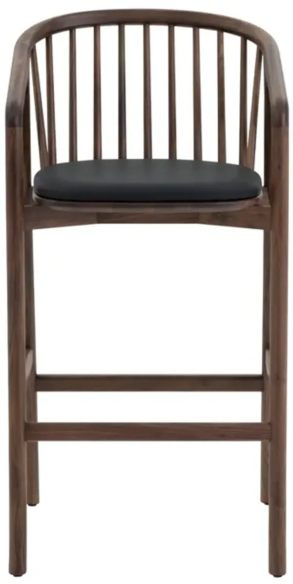 Rchy Barstool Chair, Curved Spindle Back, Black Faux Leather, Brown Wood - Benzara