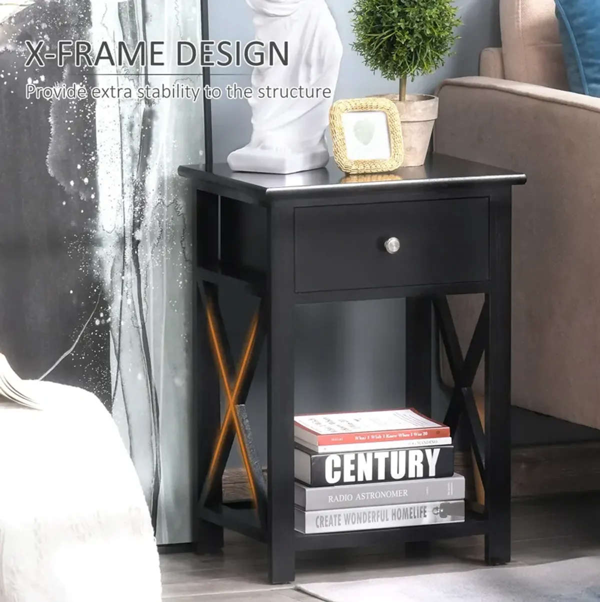 Elegant Bedside Storage: Black X-Frame Wood Nightstand with Drawer