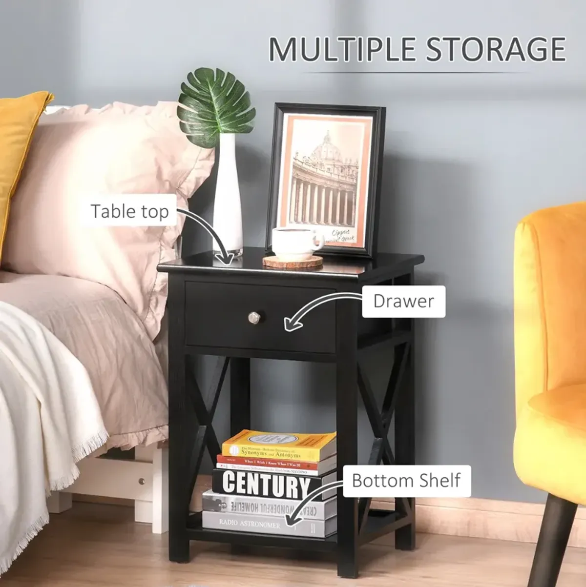 Elegant Bedside Storage: Black X-Frame Wood Nightstand with Drawer