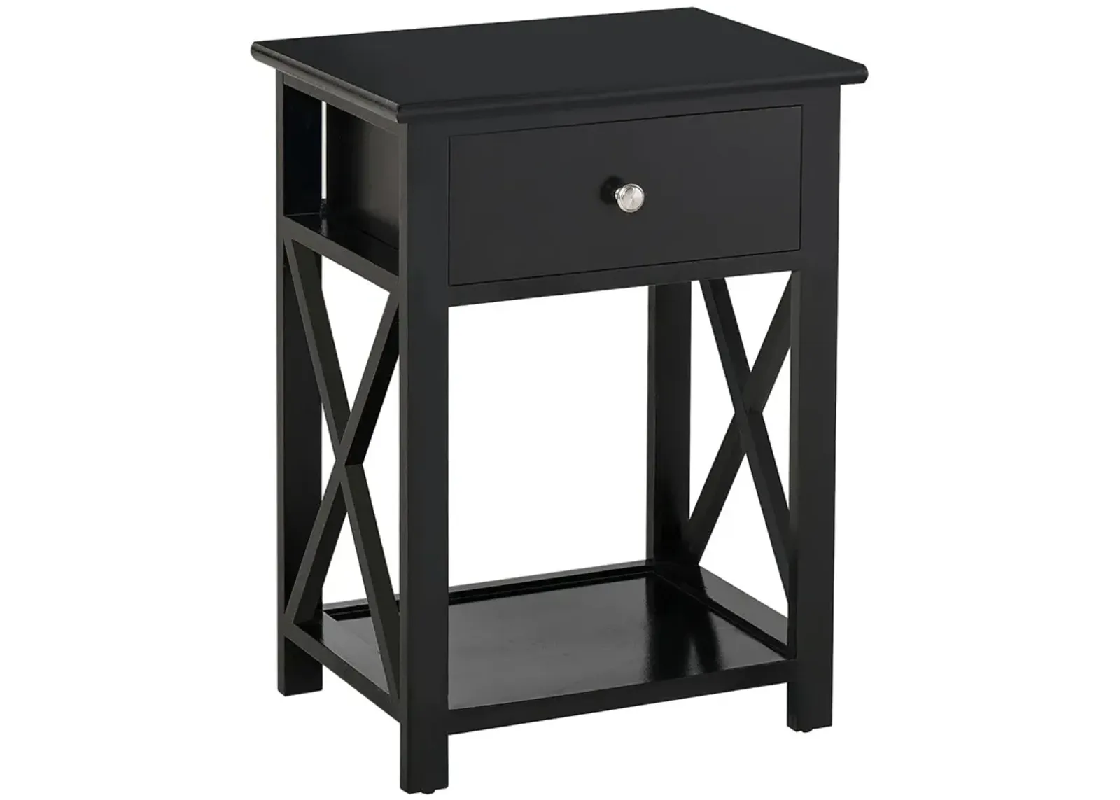 Elegant Bedside Storage: Black X-Frame Wood Nightstand with Drawer