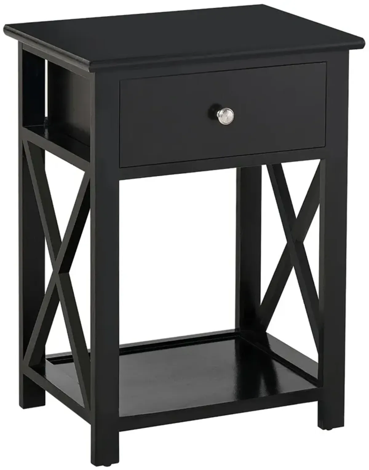 Elegant Bedside Storage: Black X-Frame Wood Nightstand with Drawer