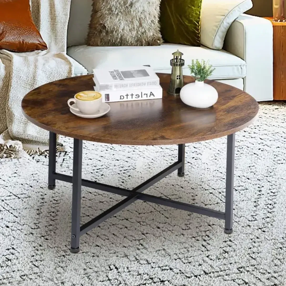 Hivvago Modern Round Industrial Coffee Table with Rustic Brown Wood Top