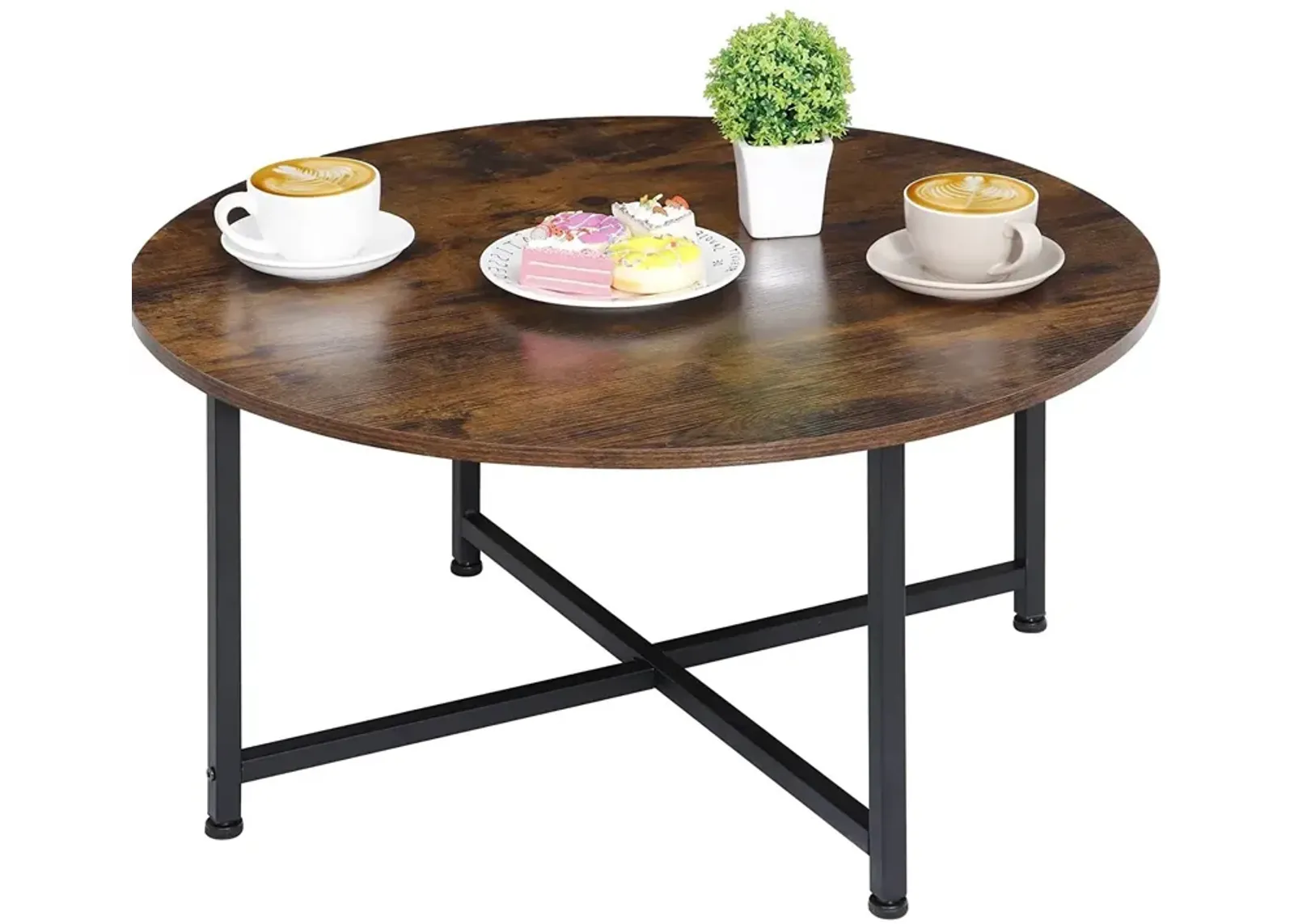 Hivvago Modern Round Industrial Coffee Table with Rustic Brown Wood Top