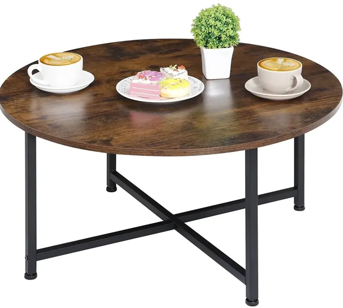 Hivvago Modern Round Industrial Coffee Table with Rustic Brown Wood Top