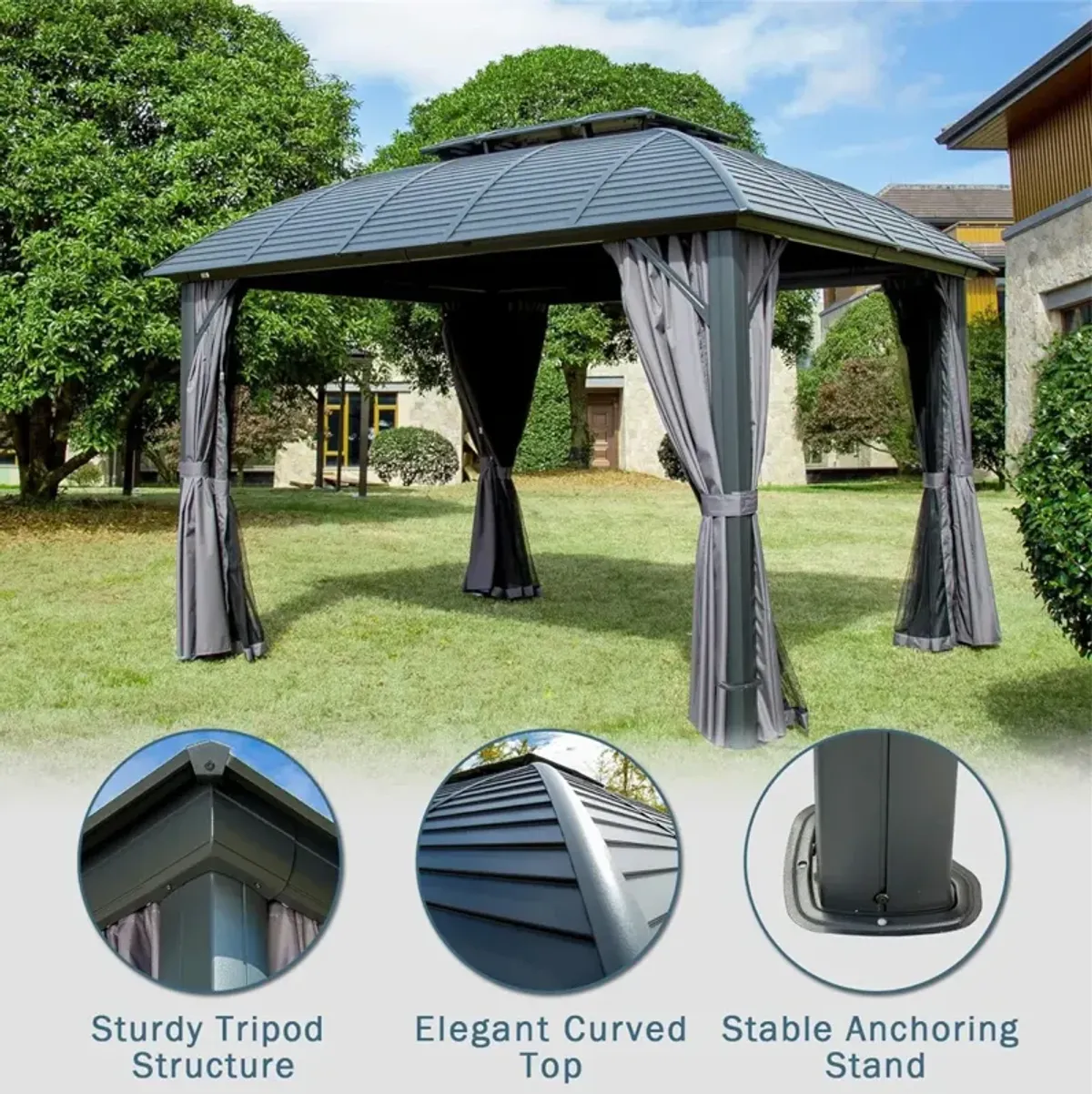 10'X12' Permanent Hardtop Gazebo with Curtains & Netting