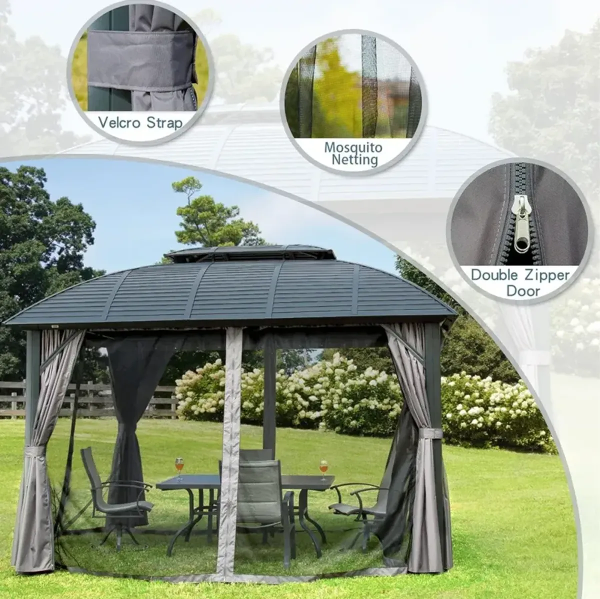 10'X12' Permanent Hardtop Gazebo with Curtains & Netting