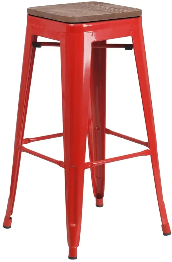 Flash Furniture Lily 30" High Backless Red Metal Barstool with Square Wood Seat