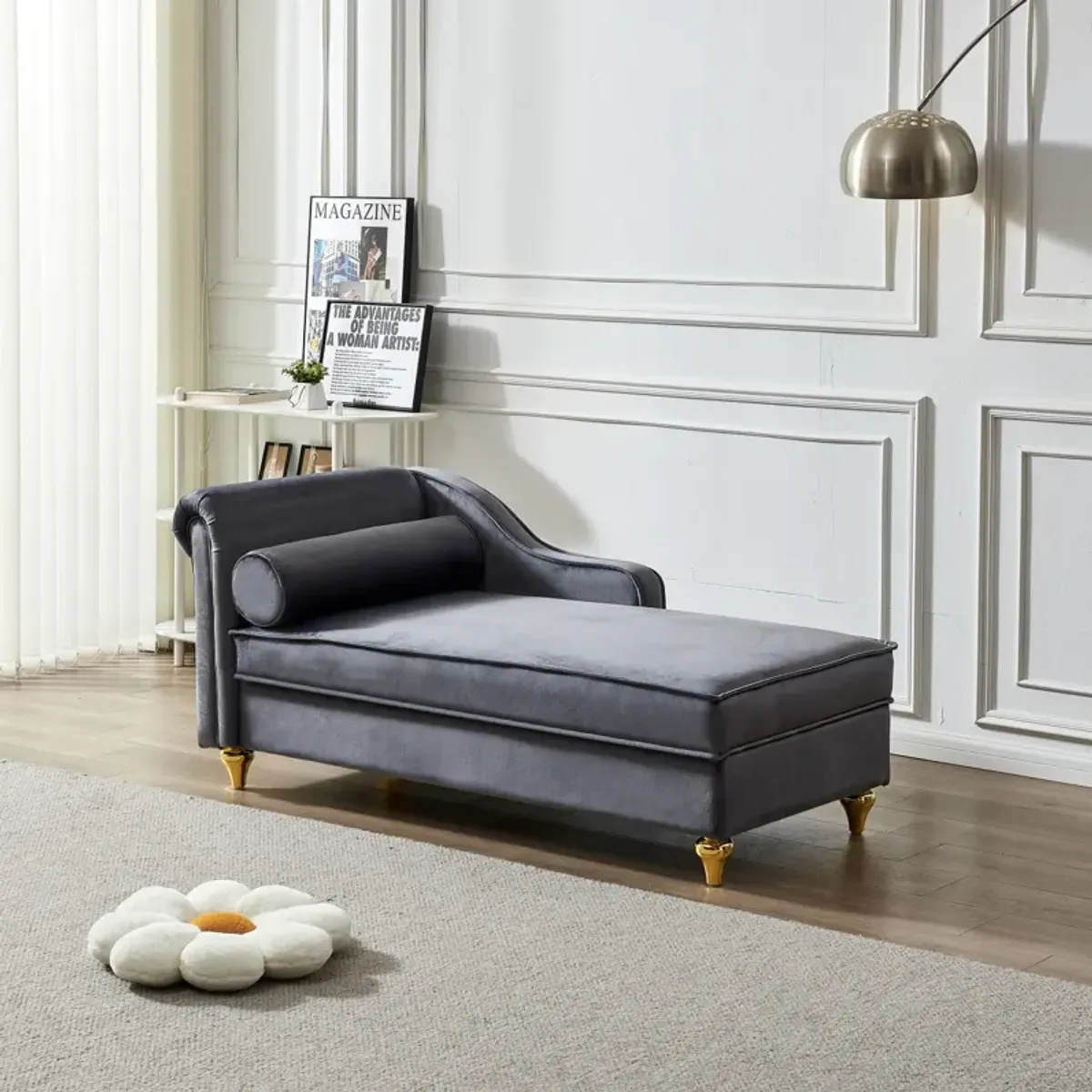 Modern Upholstery Chaise Lounge Chair With Storage Velvet (Grey)