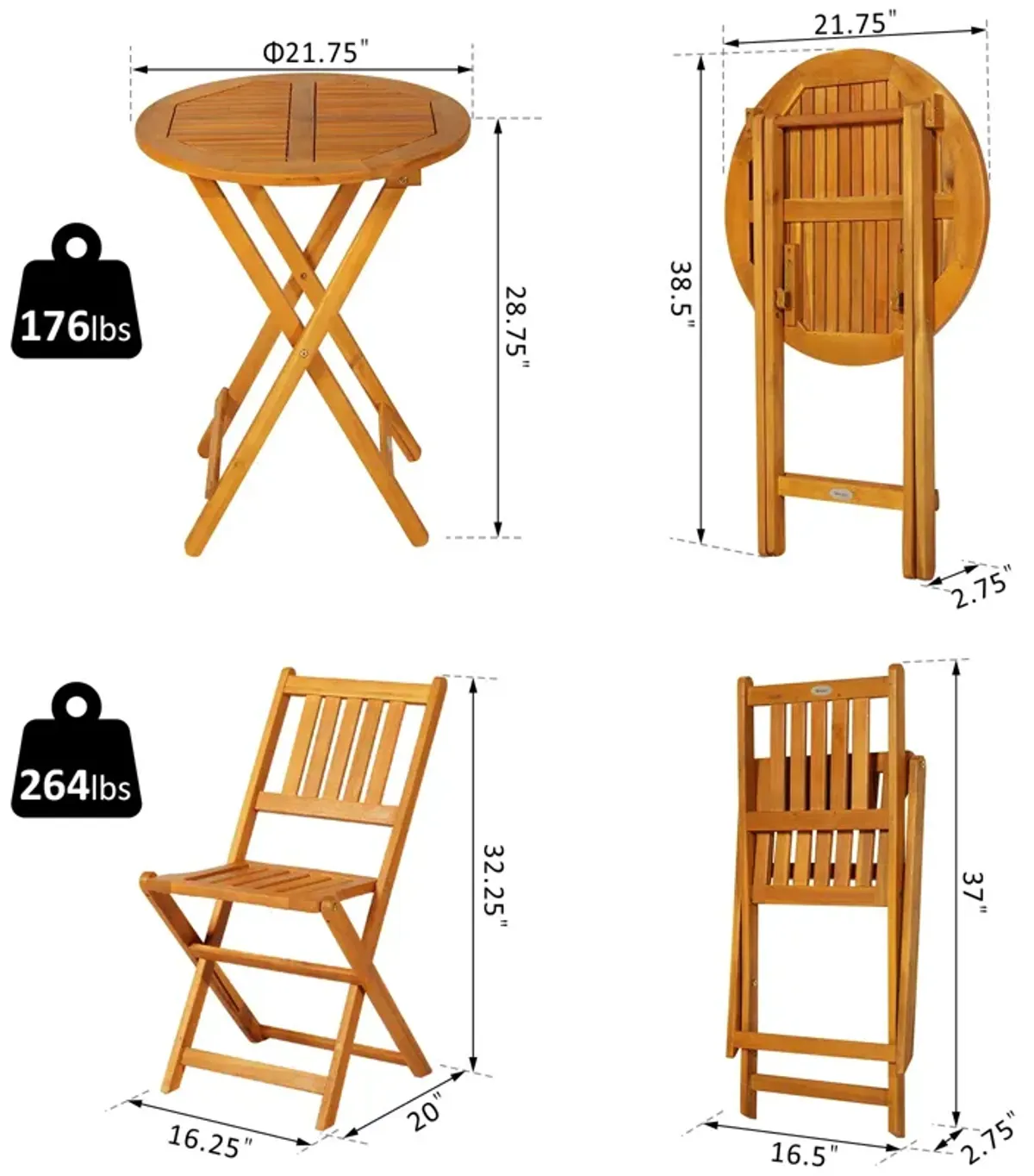 Teak Alfresco Bistro: 3-Piece Folding Acacia Wood Set with Square Table