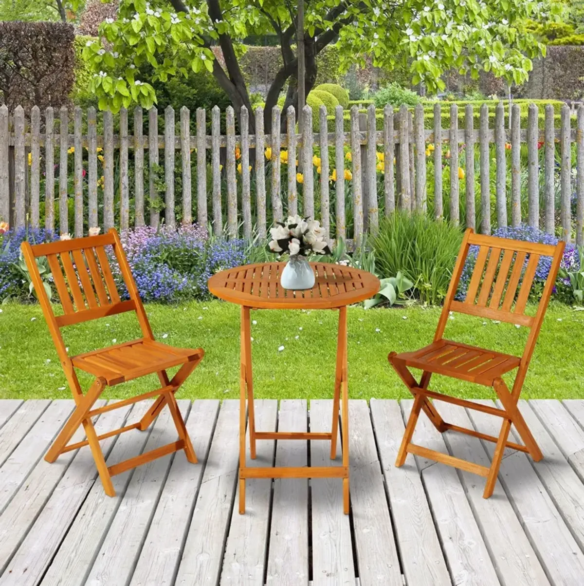 Teak Alfresco Bistro: 3-Piece Folding Acacia Wood Set with Square Table