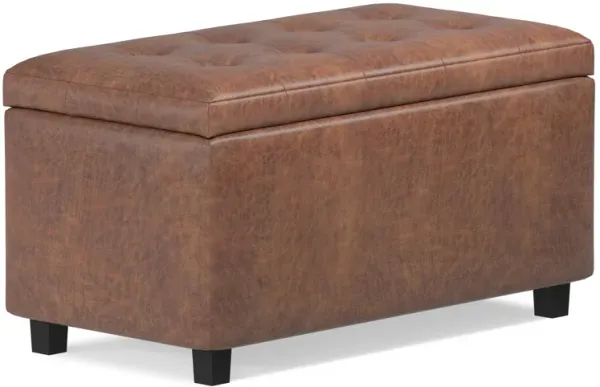 Cosmopolitan 34 inch Wide Transitional Rectangle Storage Ottoman in Distressed Saddle Brown Vegan Faux Leather, Assembled
