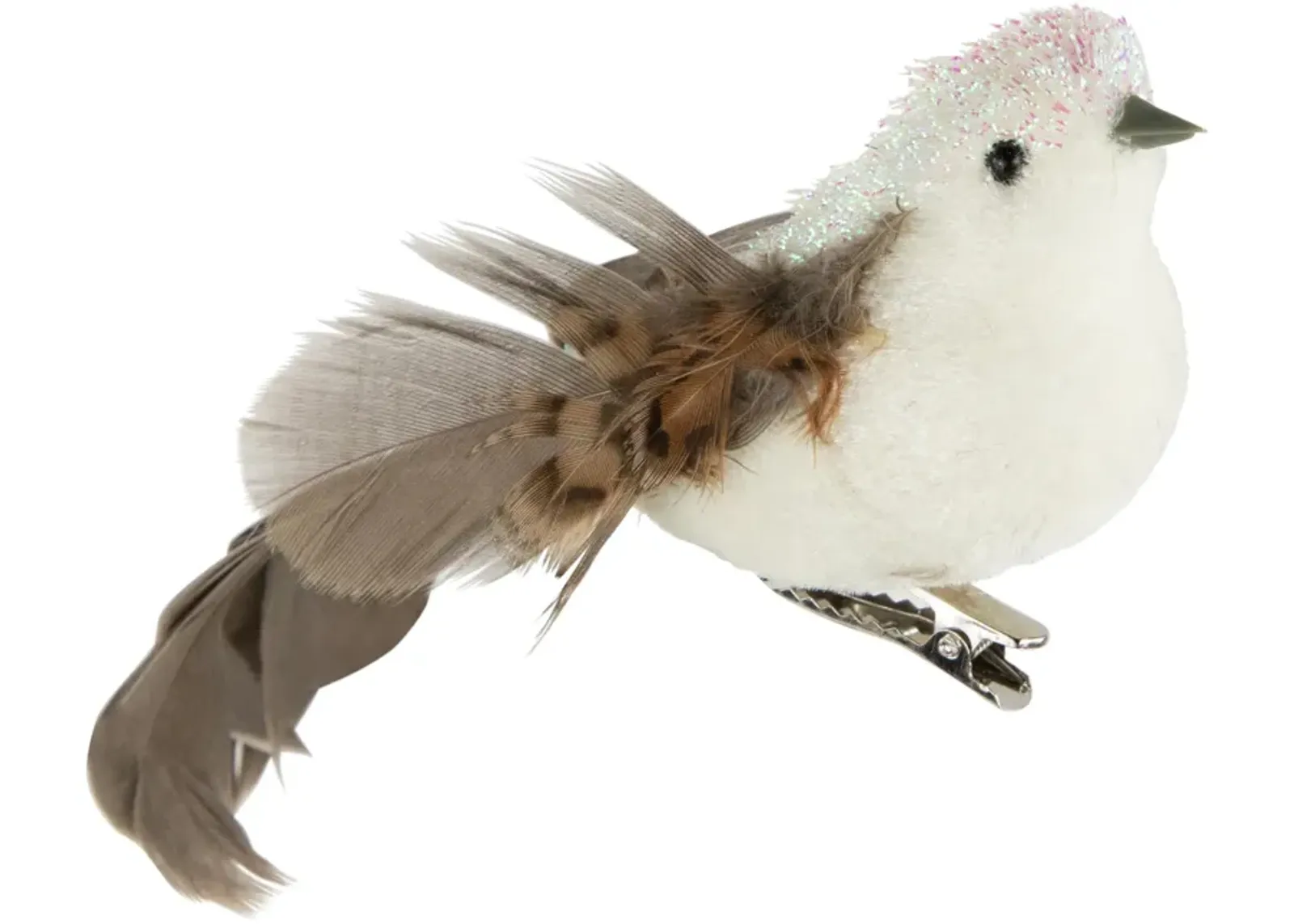 6" White and Brown Bird with Clip and Feathers Christmas Ornament