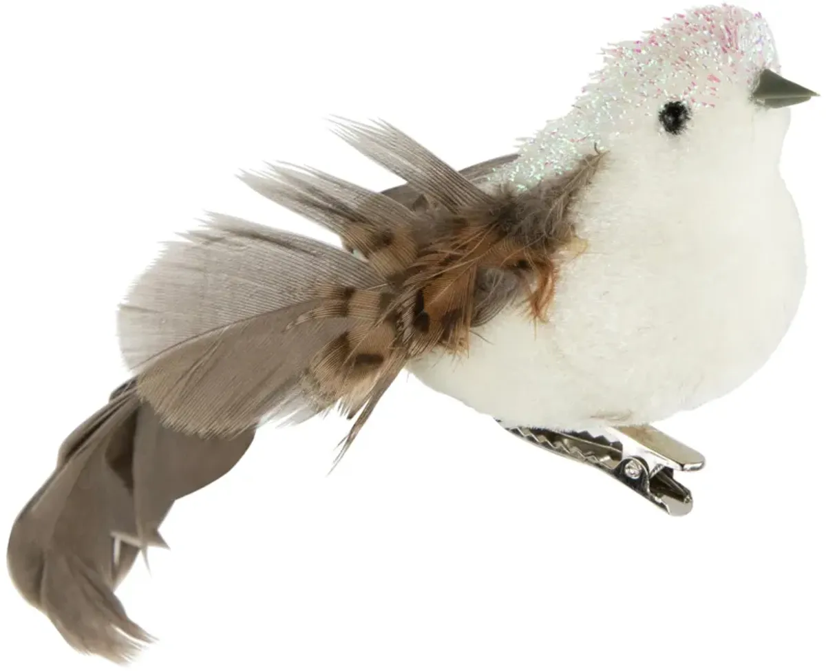 6" White and Brown Bird with Clip and Feathers Christmas Ornament