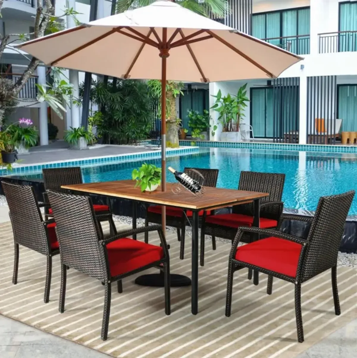 7Pcs Patio Rattan Cushioned Dining Set with Umbrella Hole