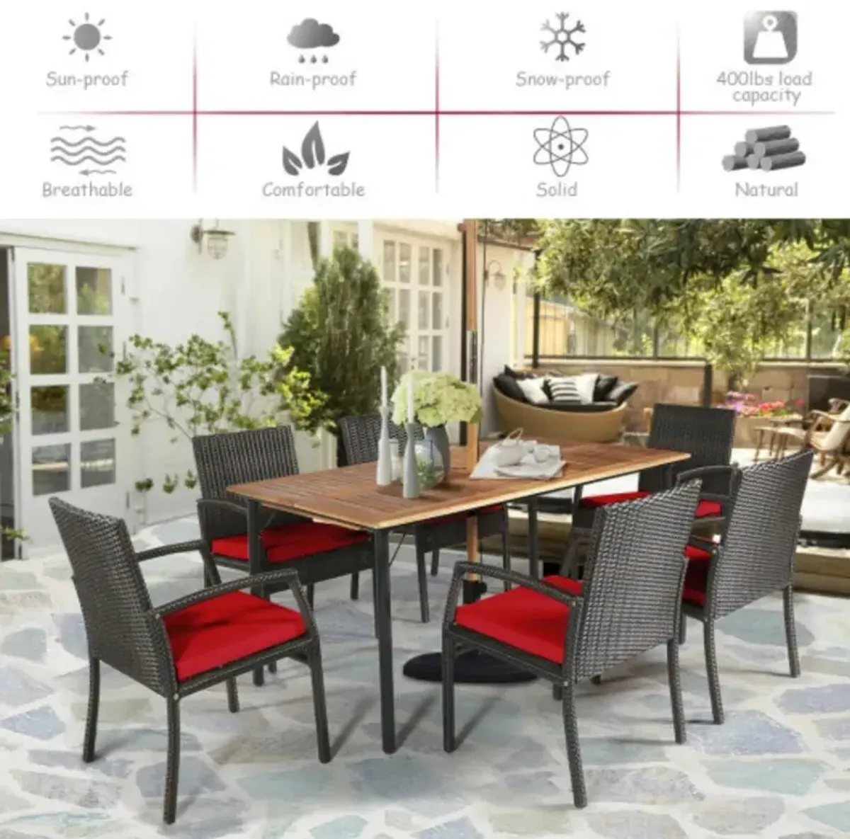 7Pcs Patio Rattan Cushioned Dining Set with Umbrella Hole