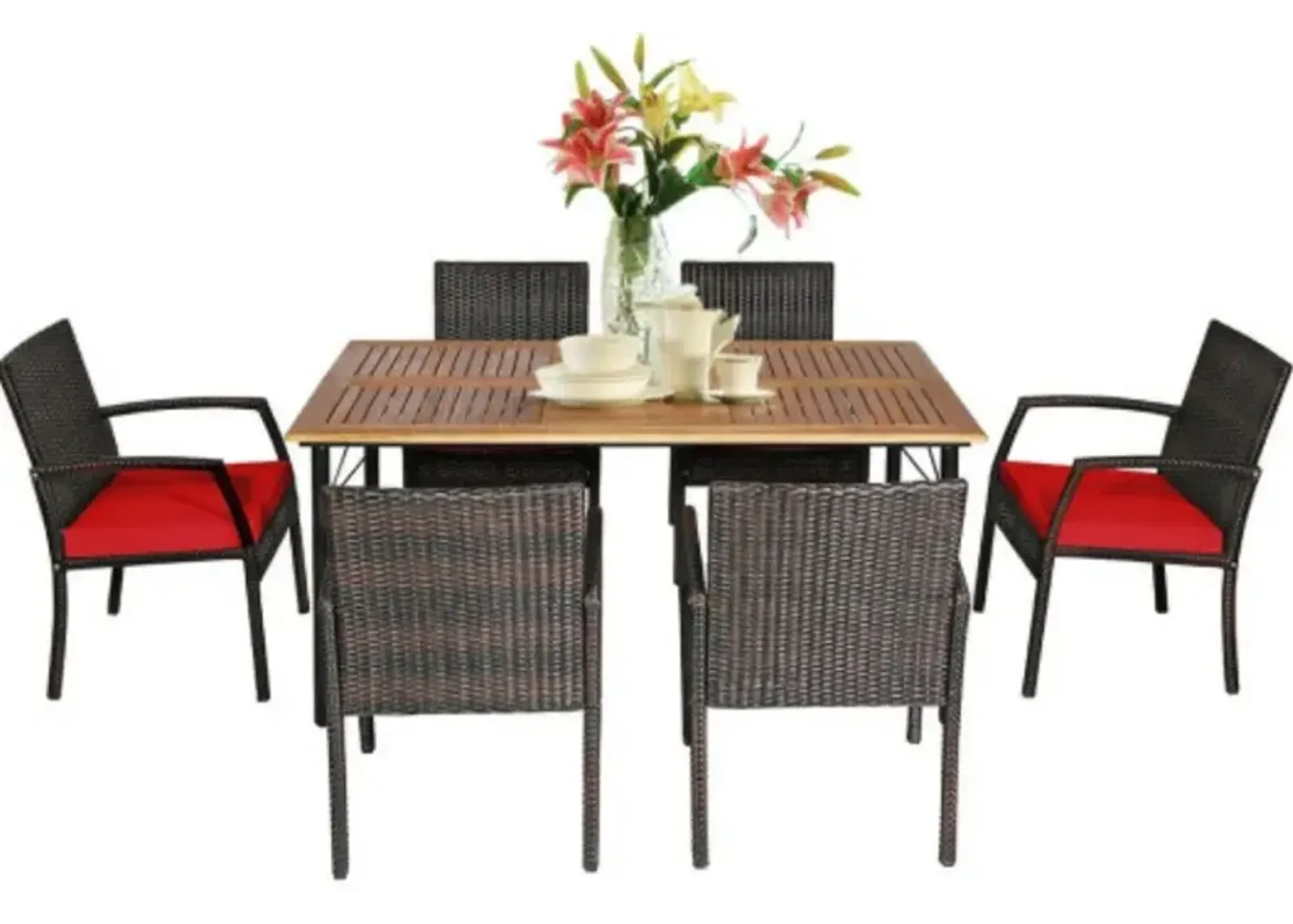 7Pcs Patio Rattan Cushioned Dining Set with Umbrella Hole