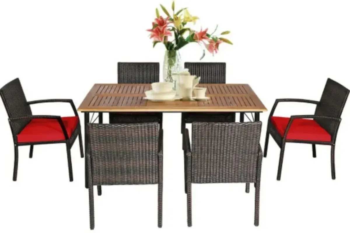 7Pcs Patio Rattan Cushioned Dining Set with Umbrella Hole