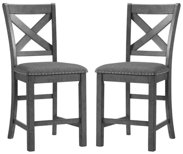 Barstool with Wooden X Shaped Back and Fabric Seat, Set of 2, Gray-Benzara