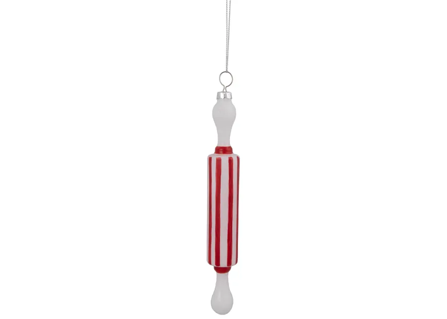 7.25" Red Striped Rolling Pin Glass Christmas Ornament