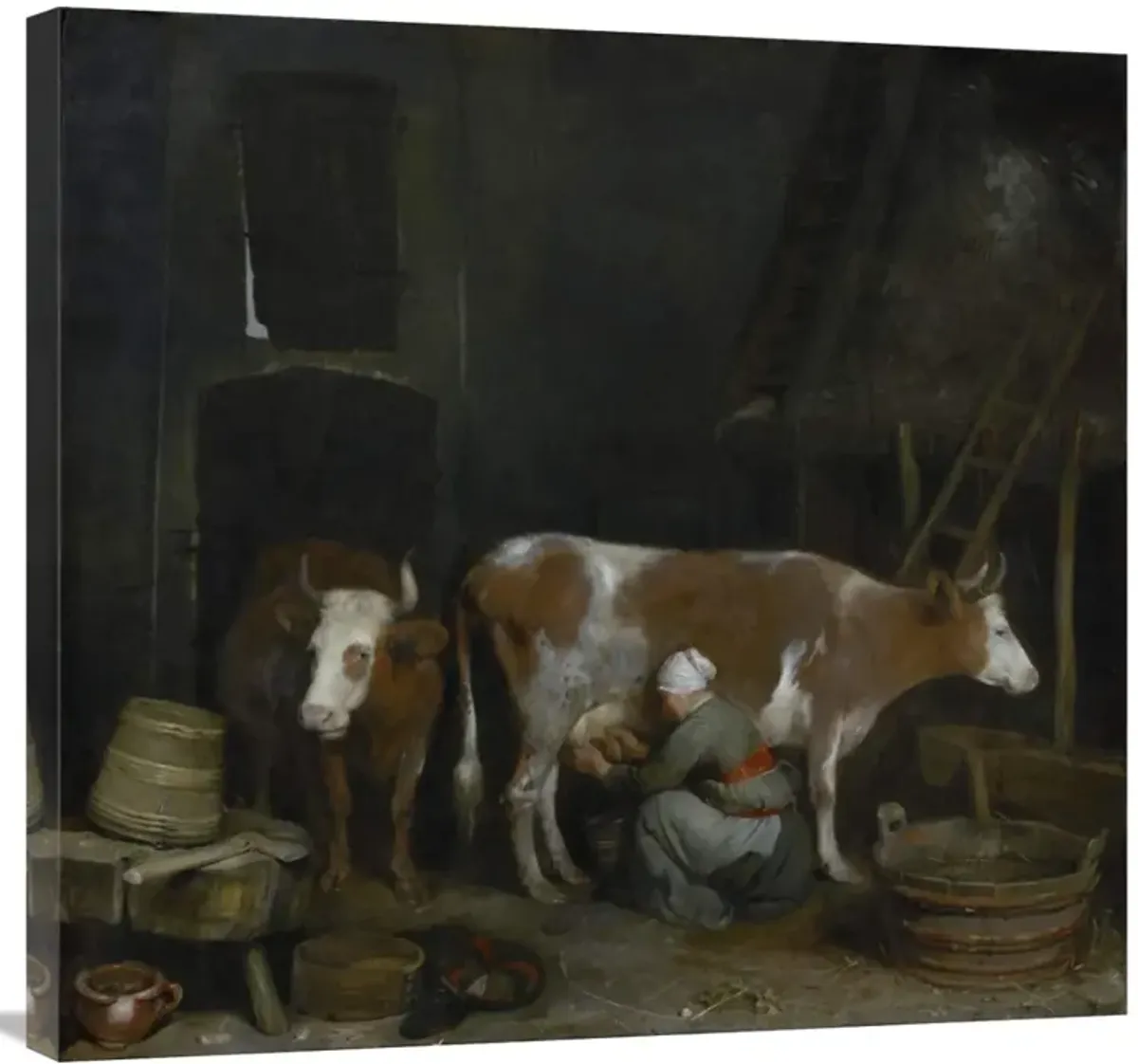 A Maid Milking a Cow in a Barn-Canvas Art-30x28.5