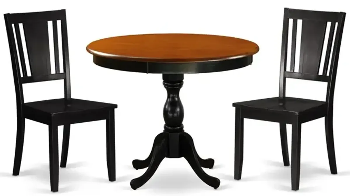 East West Furniture 3-Piece Modern Dining Set Consists of a Dinette Table and 2 Dinning Chairs with Panel Back - Black Finish