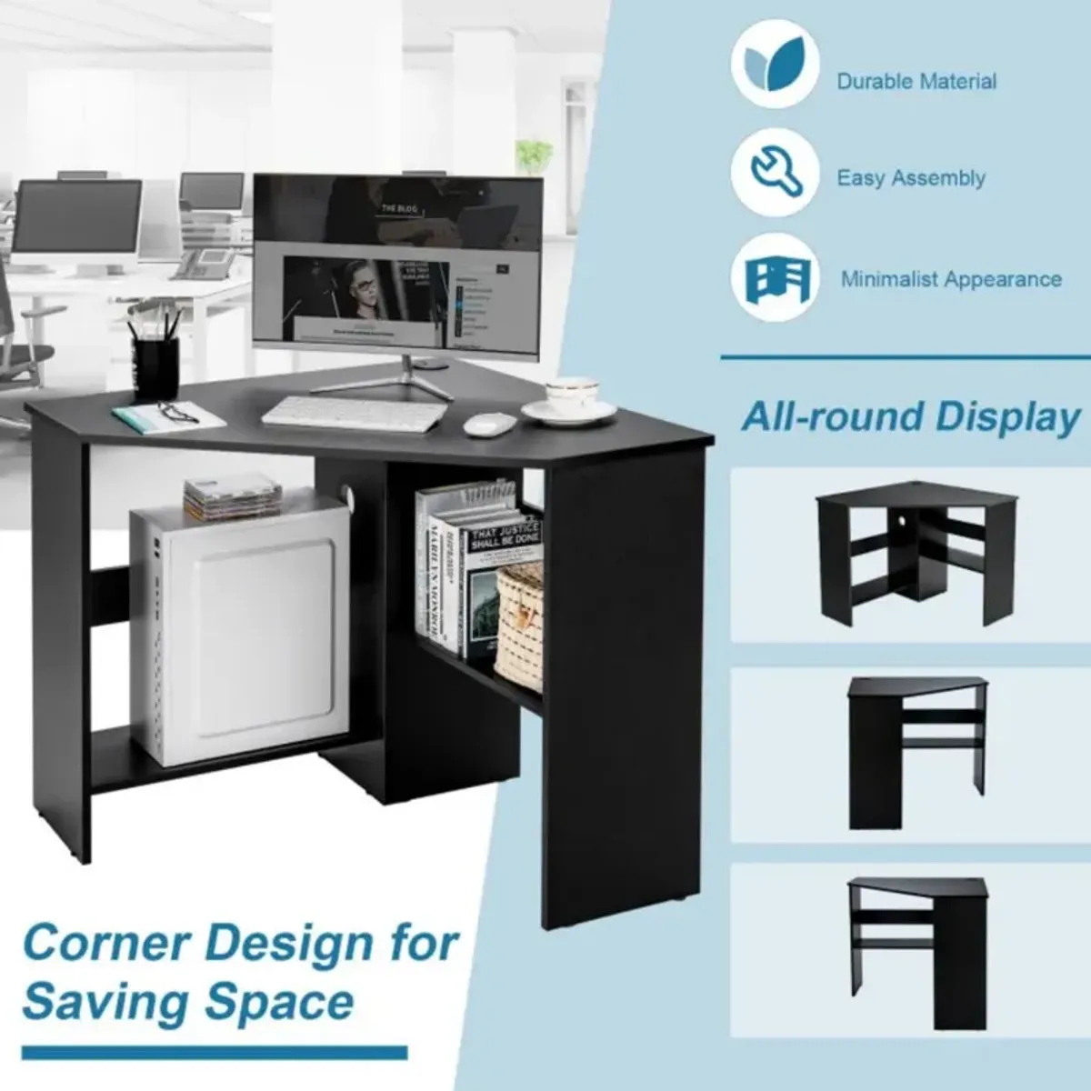 Hivvago Corner Computer Desk Triangle Writing Workstation with Storage Shelf